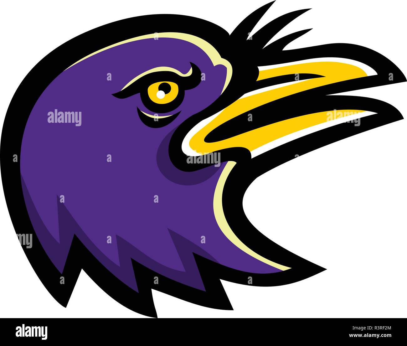 Mascot icon illustration of head of an American crow, a large passerine bird species of the family Corvidae, looking up viewed from side on isolated b Stock Vector