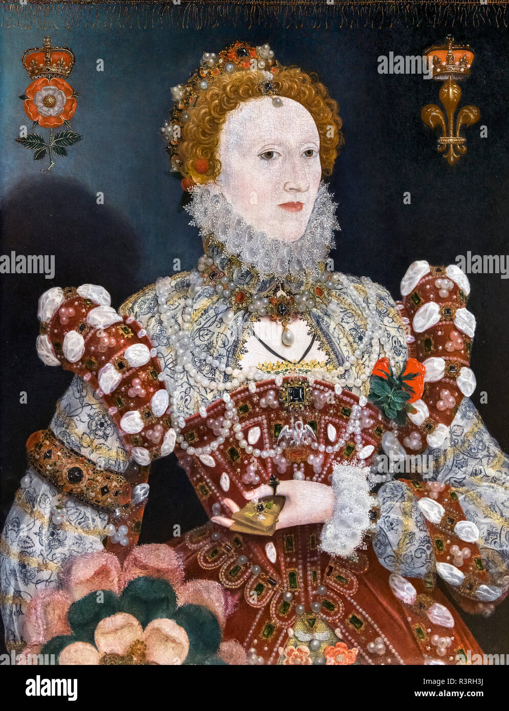 Elizabeth I. Portrait of Queen Elizabeth I by Nicholas Hilliard c 1573. Stock Photo