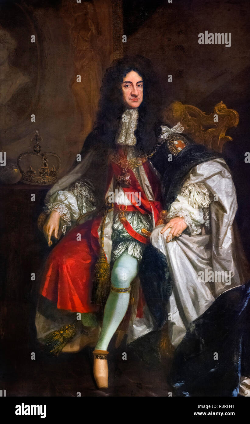 Charles II. King Charles II in the robes of the Order of the Garter, portrait by Godfrey Kneller, oil on canvas, c.1685 Stock Photo