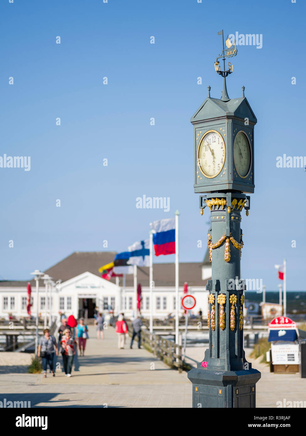 Art Nouveau Clock At The Famous Pier In Ahlbeck On The Island Of Usedom. Germany, Mecklenburg-Western Pomerania Stock Photo