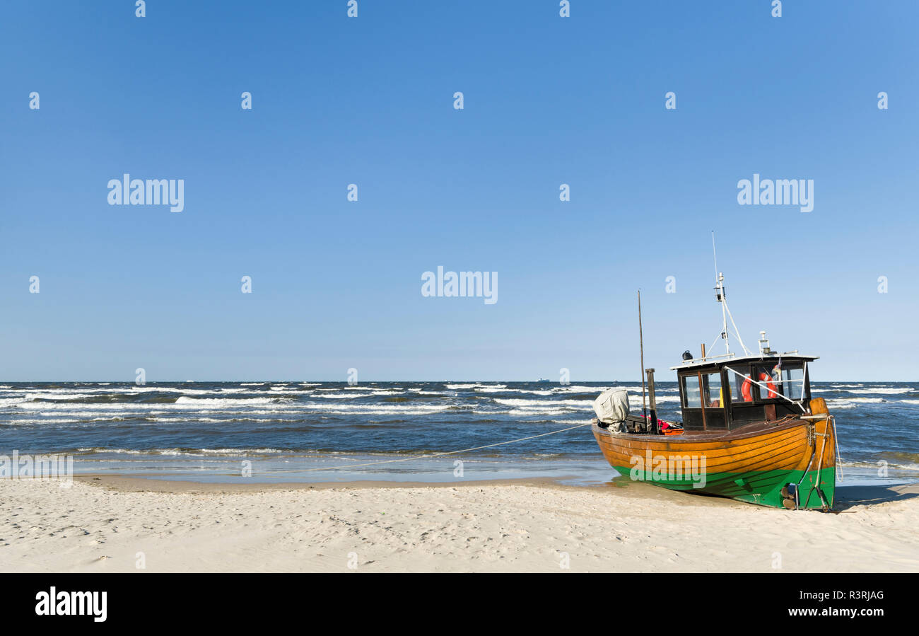 Beach With Boat Near Ahlbeck On Coast Of The Baltic Sea. Germany, Mecklenburg-Western Pomerania Stock Photo