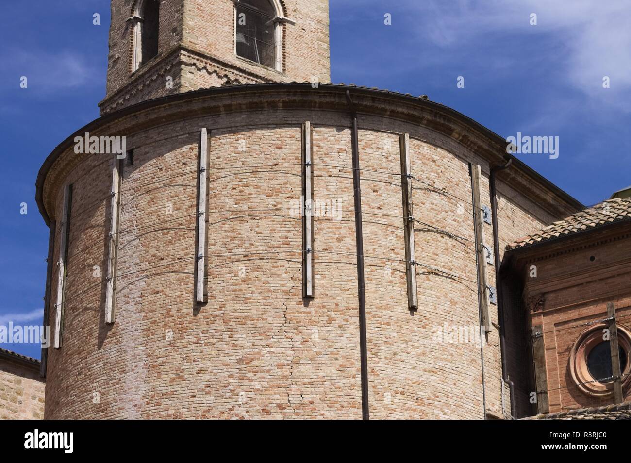 Medieval abbey reinforced with steel elements after the earthquake (Tolentino, Marche, Italy) Stock Photo