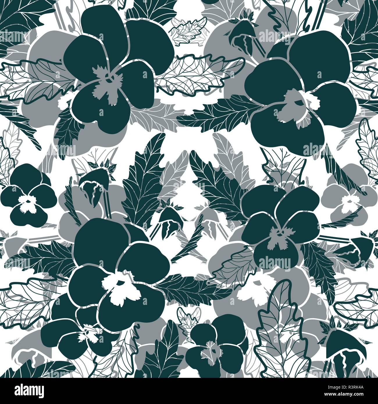 Green pansy silhouettes white background seamless vector pattern. Stock Vector