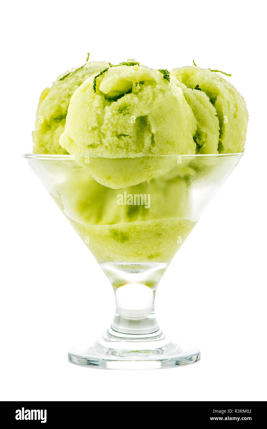 Close up of melon flavored ice-cream isolated on white background. Stock Photo
