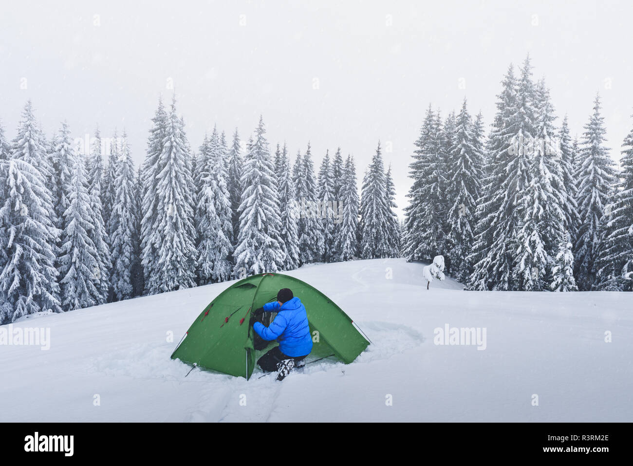 Green tent and tourist against the backdrop of snowy pine tree forest. Amazing winter landscape. Tourists camp in high mountains. Travel concept Stock Photo