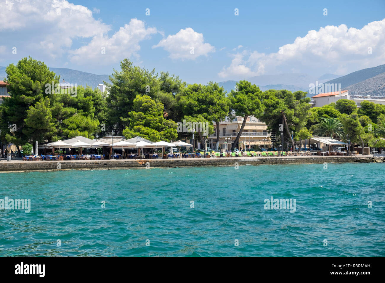 Waterfront restaurants, Gulf of Itea, Delphi, Greece Stock Photo