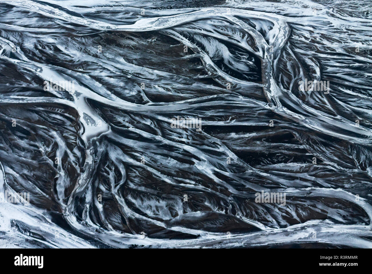 Aerial of frozen braided rivers, Iceland Stock Photo