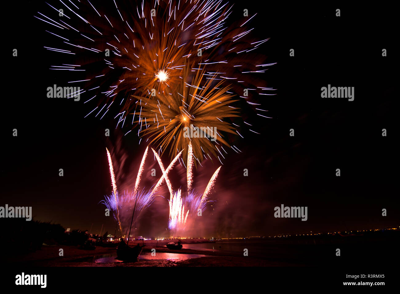 Fireworks of St Paio of Torreira a celebration that happens every year on september at Torreira - Aveiro, Portugal. Stock Photo