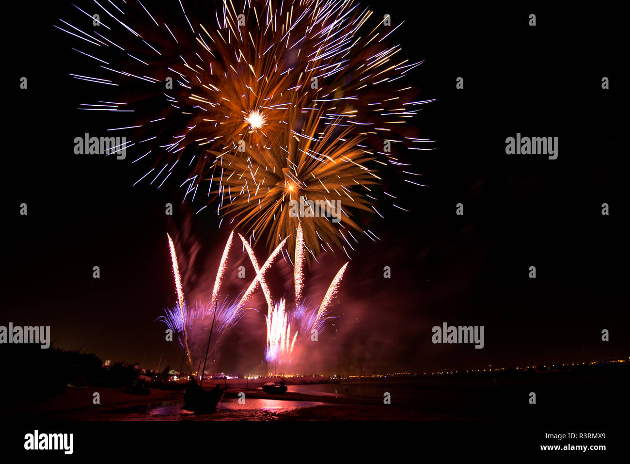 Fireworks of St Paio of Torreira a celebration that happens every year on september at Torreira - Aveiro, Portugal. Stock Photo