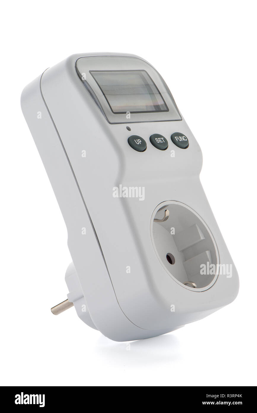Electricity Monitor Analyzer. Energy saving concept isolated on white. Stock Photo