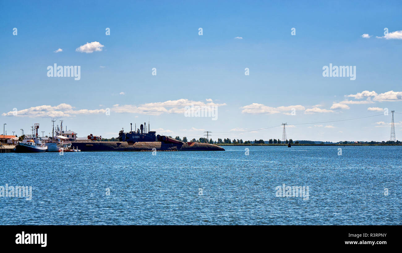 Panorama of the submarine in the port of Peenemünde on the Baltic Sea island of Usedom. Stock Photo