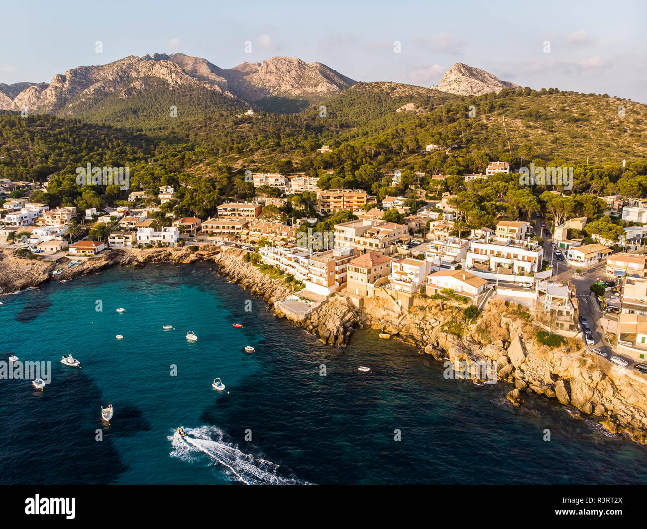 Spain, Balearic Islands, Mallorca, Aerial view of Bay of Sant Elm Stock Photo