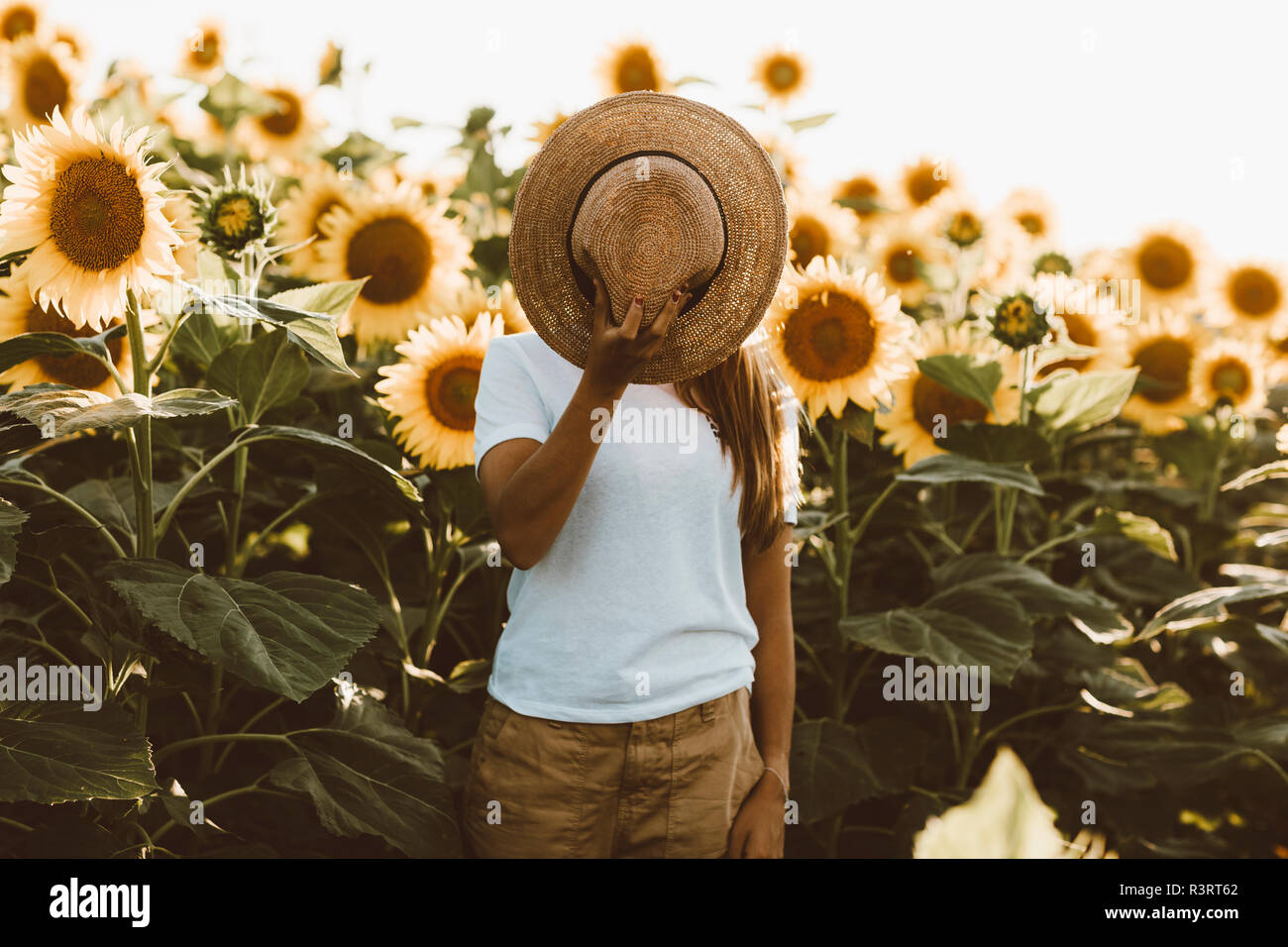 Unricognizable woman holding a straw hat in her face Stock Photo - Alamy