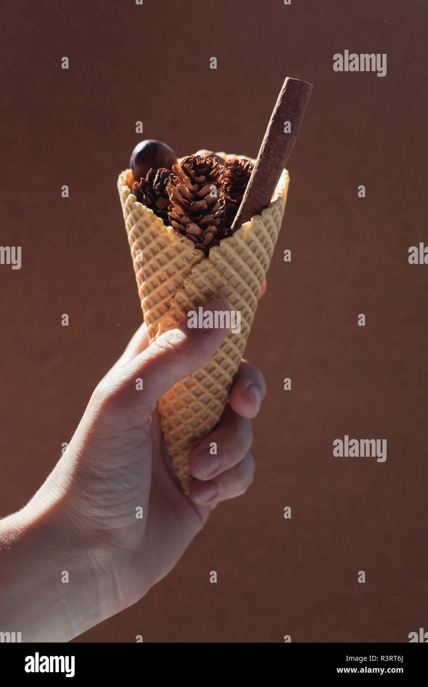 Woman's hand holding ice cream cone with autumnal filling Stock Photo