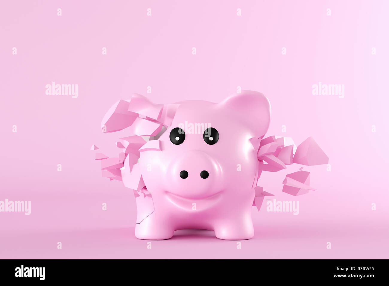 3D Rendering, Piggy bank bursting into pieces in front of pink background Stock Photo