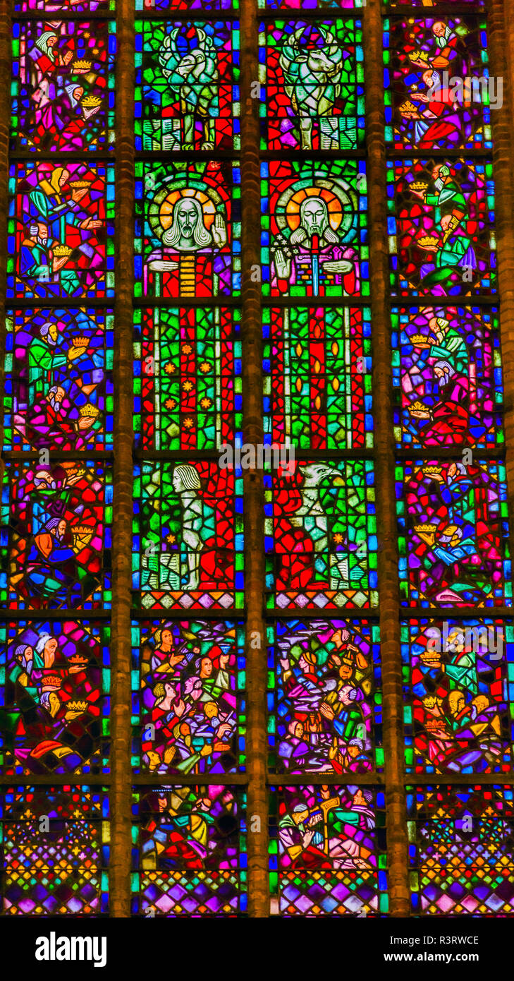 Jesus Christ Stained Glass, New Cathedral Nieuwe Kerk Delft Holland, Netherlands. Church built in 1300's, burial place of the Royal Family. Stock Photo