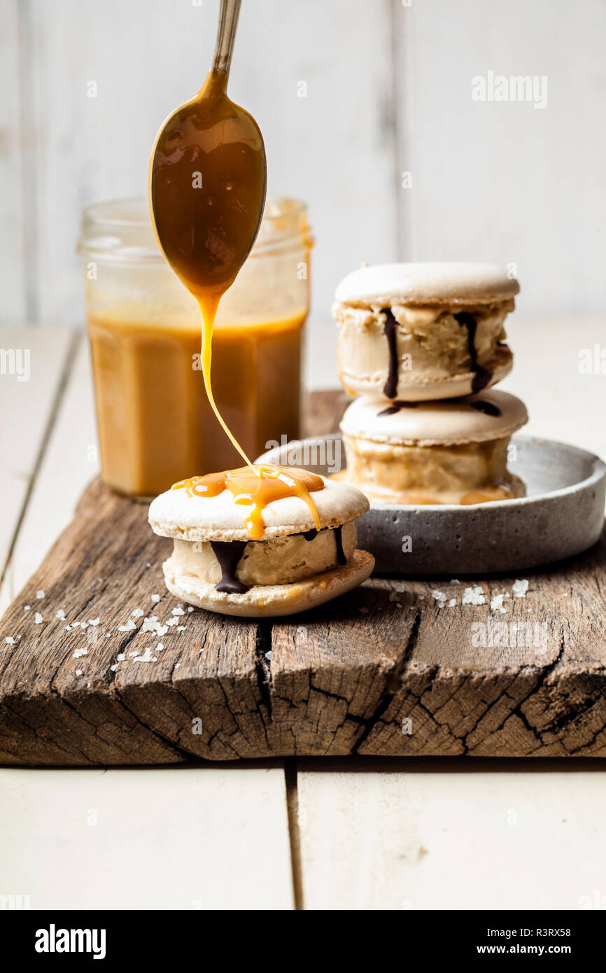 Macarons filled with salted caramel icecream Stock Photo