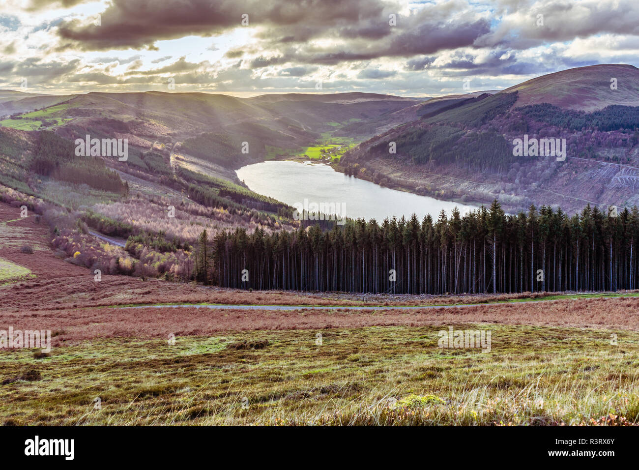 Scenic view over the Talybont Reservoir from Tor-y-foel in the Brecon Beacons National Park during autumn, Powys, Wales. UK Stock Photo