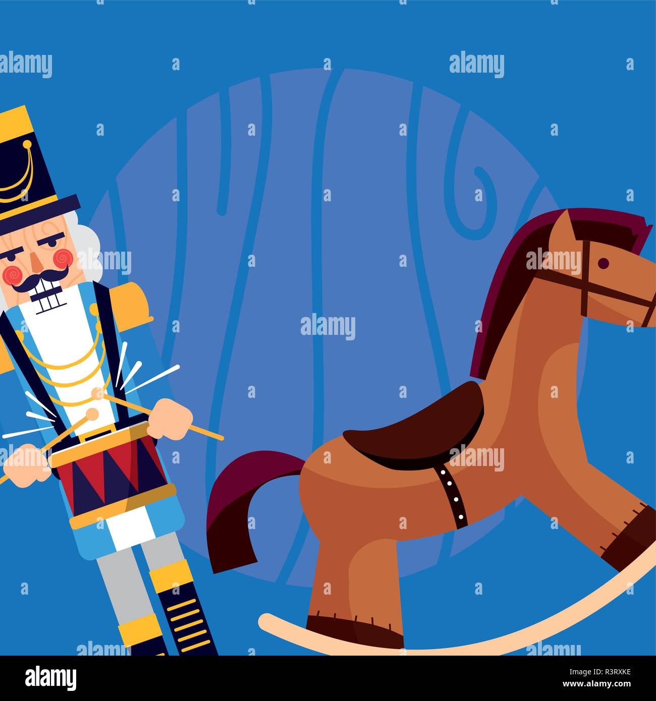 Wooden horse and nutcracker icon over blue background, vector
