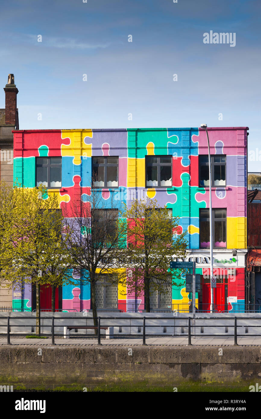 Ireland, Dublin, colorful City Quay building with puzzle pieces design Stock Photo