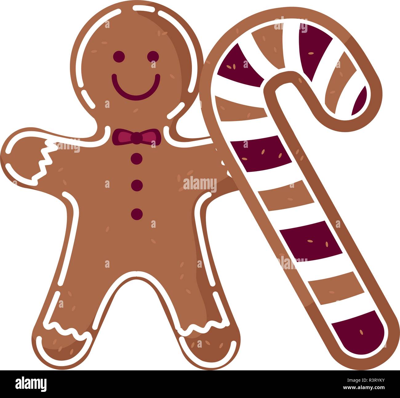gingerbread man cookie and candy cane over white background, vector