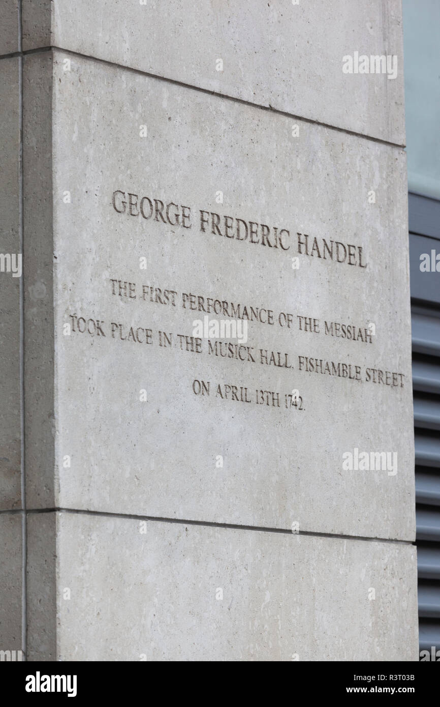 Ireland, Dublin, Temple Bar, sign commemorating the first performance of Handel's Messiah Stock Photo