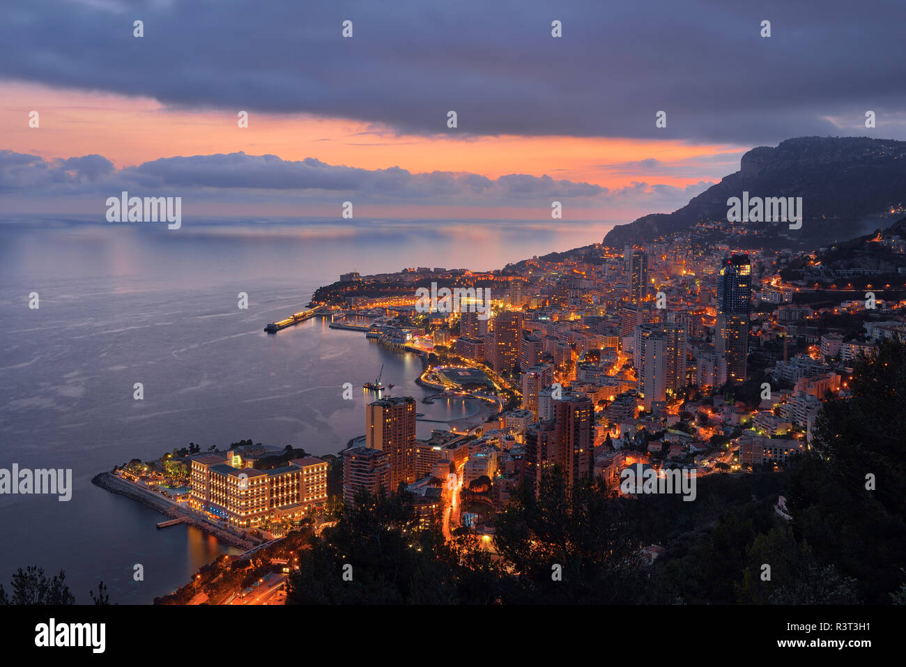 Monaco, Monte Carlo, view to lightes city at dusk Stock Photo