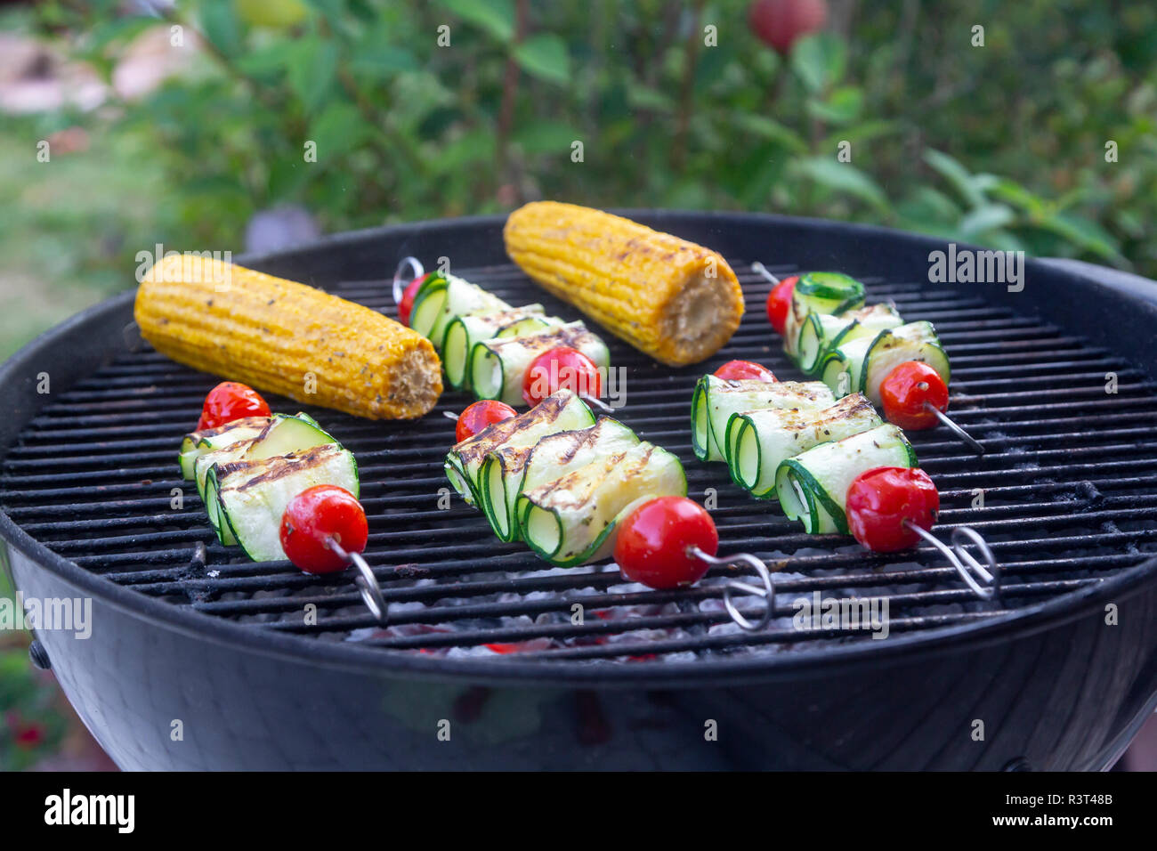 Grilled vegetarian grill skewers, tomato, sheep cheese and zucchini