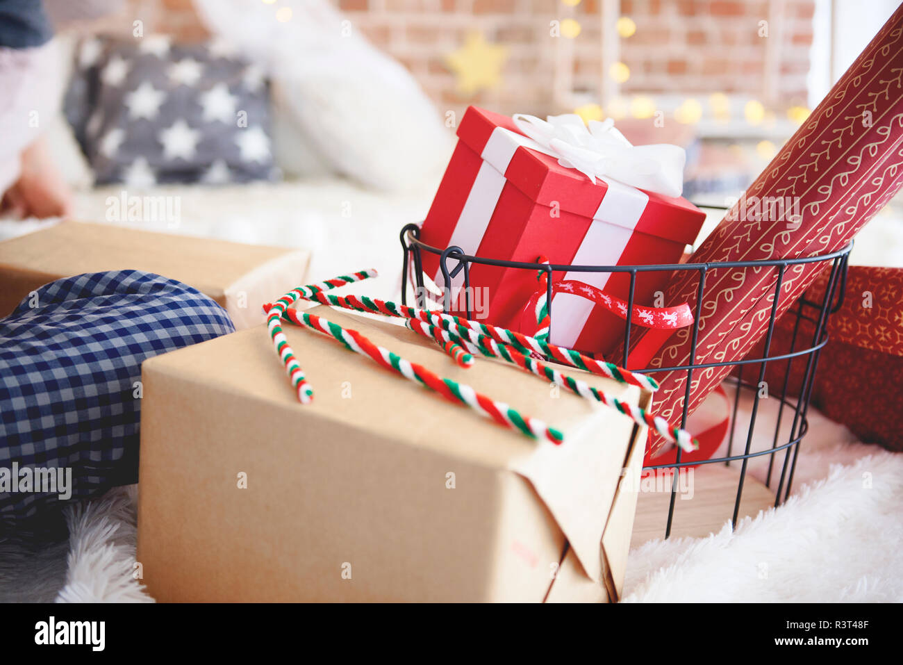 Close-up of Christmas presents in bedroom Stock Photo