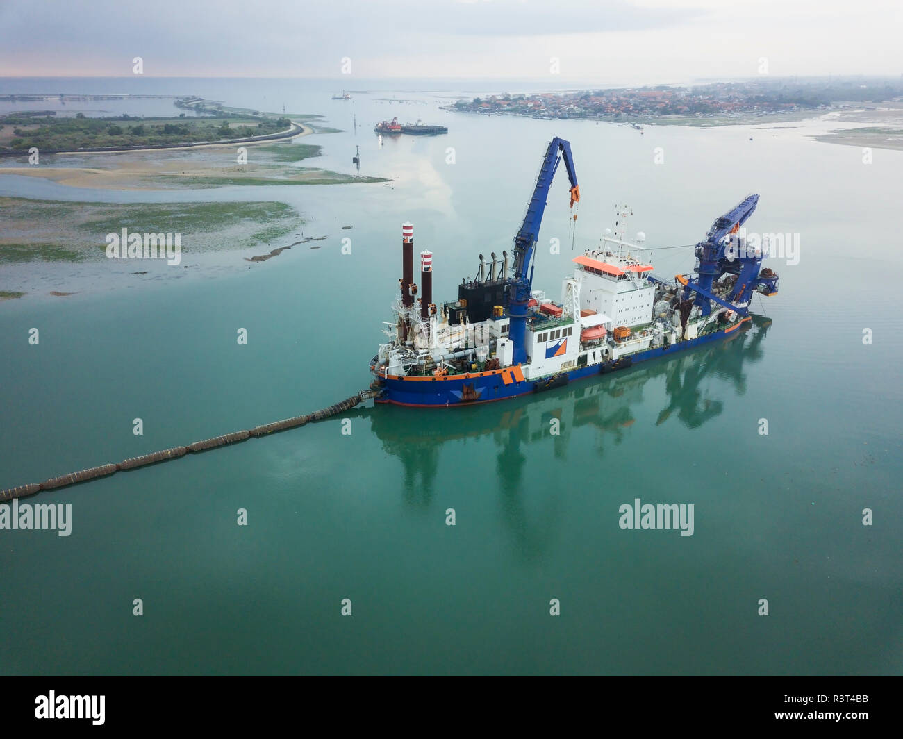 Indonesia, Bali, Aerial view of ship for petroleum production Stock Photo