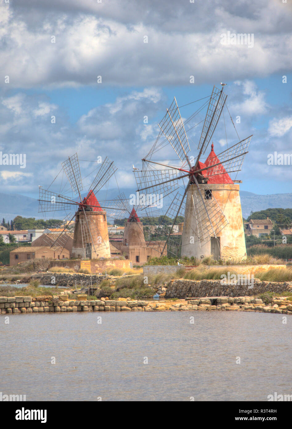 Pans of Trapani with windmills Stock Photo