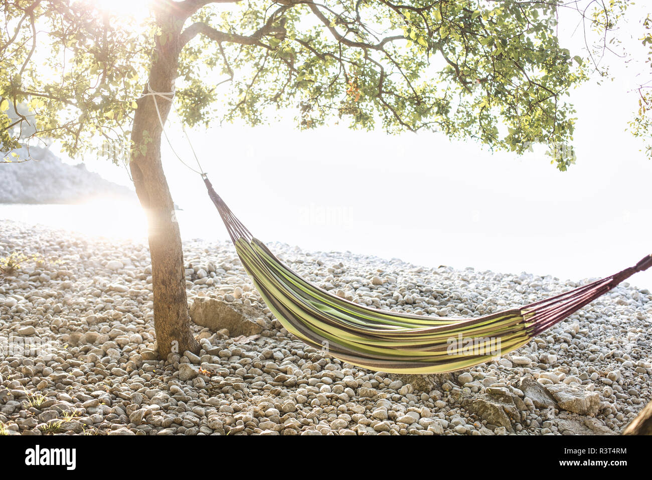 Croatia, Cres Island, empty hammock on a beach at backlight Stock Photo