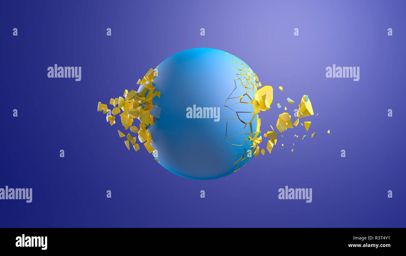 3D Rendering, Blue sphere bursting in front of blue background Stock Photo