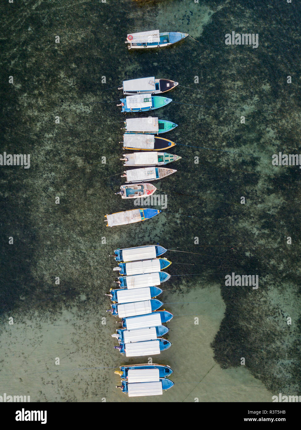 Indonesia, Bali, Benoa beach, Aerial view of moored boats in a row Stock Photo