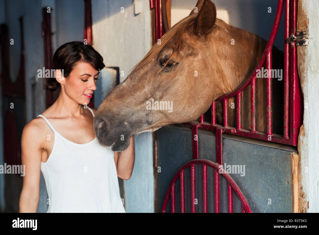 Portrait of woman stroking horse in stable Stock Photo