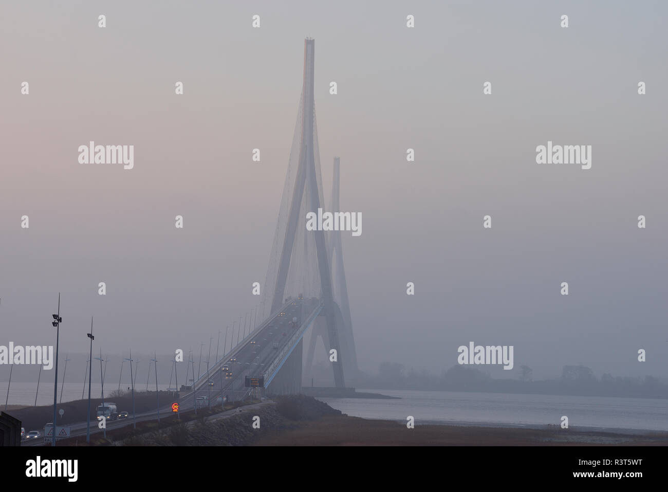 France, Le Havre, Pont de Normandie in morning mist Stock Photo