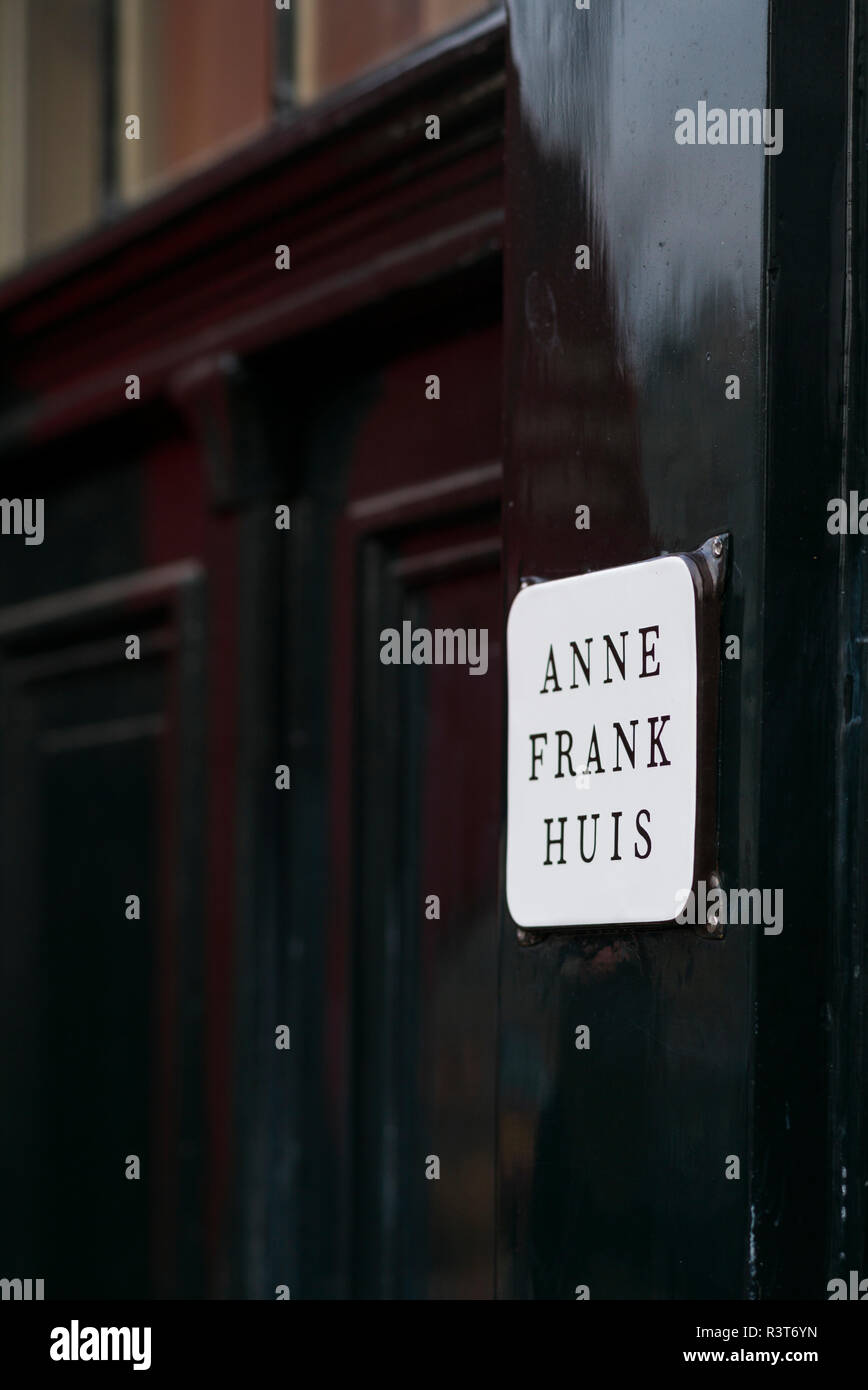 Netherlands, Amsterdam. Anne Frank Huis, sign for the former home of Anne Frank writer and Holocaust victim Stock Photo