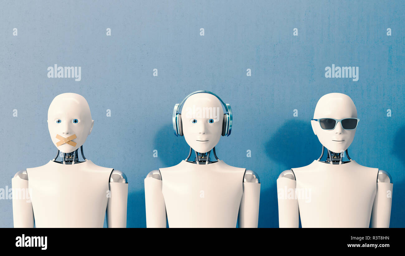 3D Rendering, Robots speaking no evil, hearing no evil, seeing no evil Stock Photo