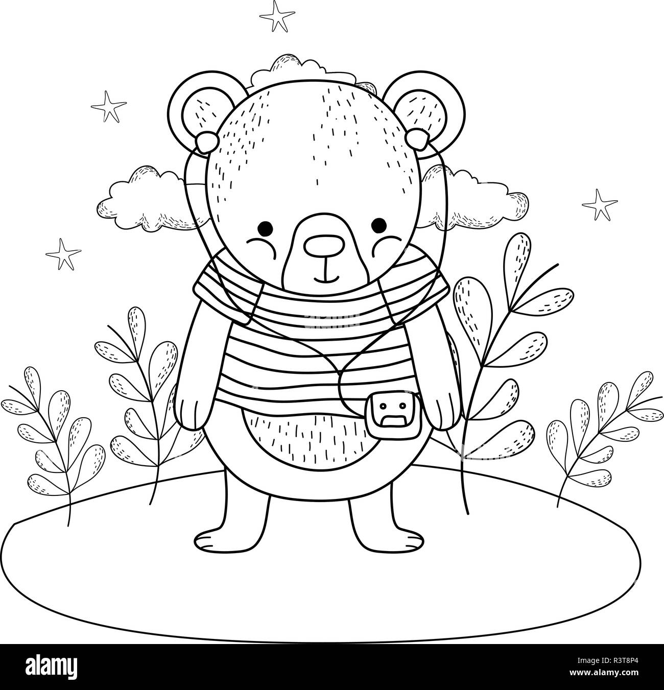 cute little bear with shirt and walkman in the camp vector illustration ...