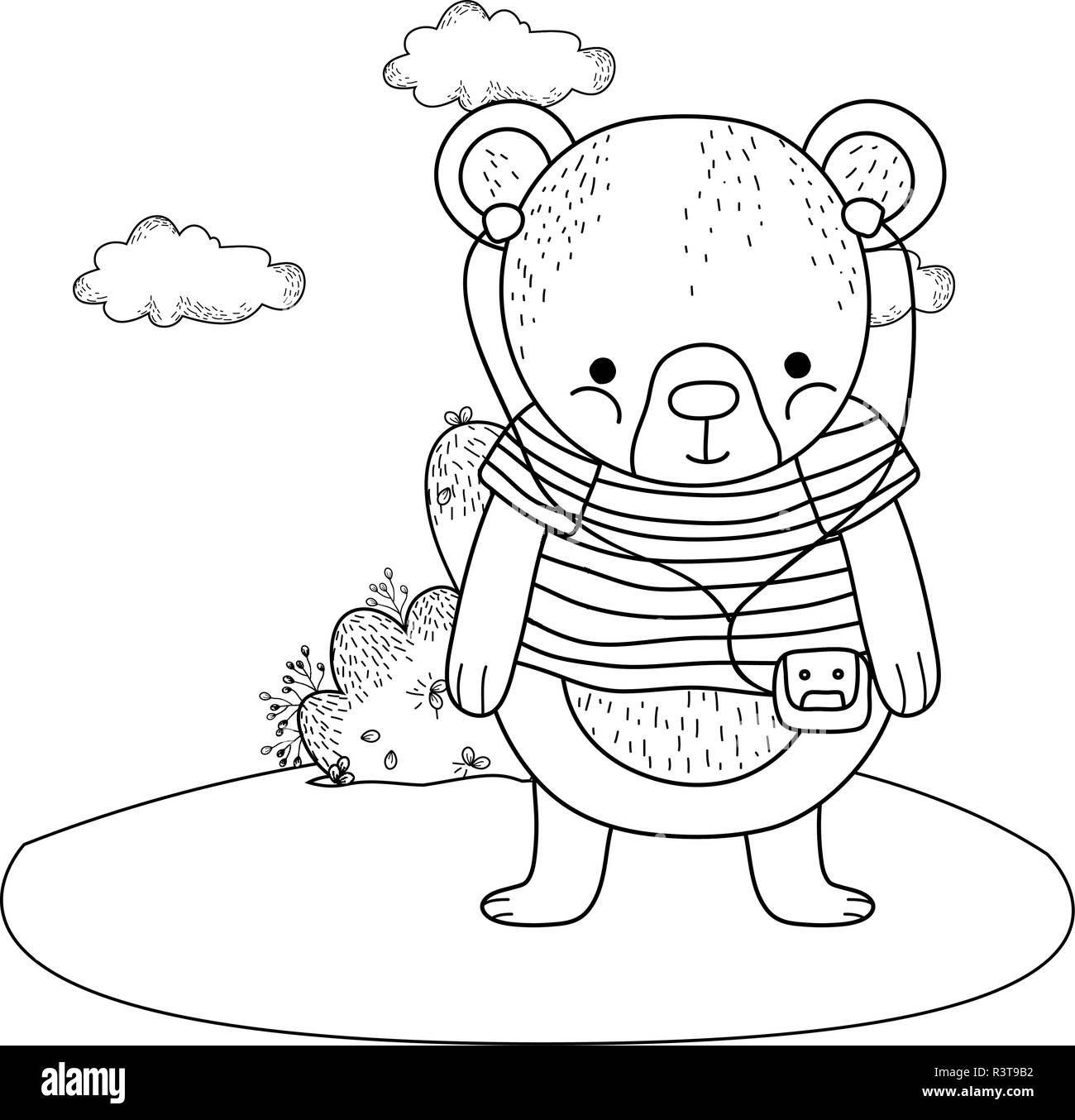 cute little bear with shirt and walkman in the camp vector illustration ...
