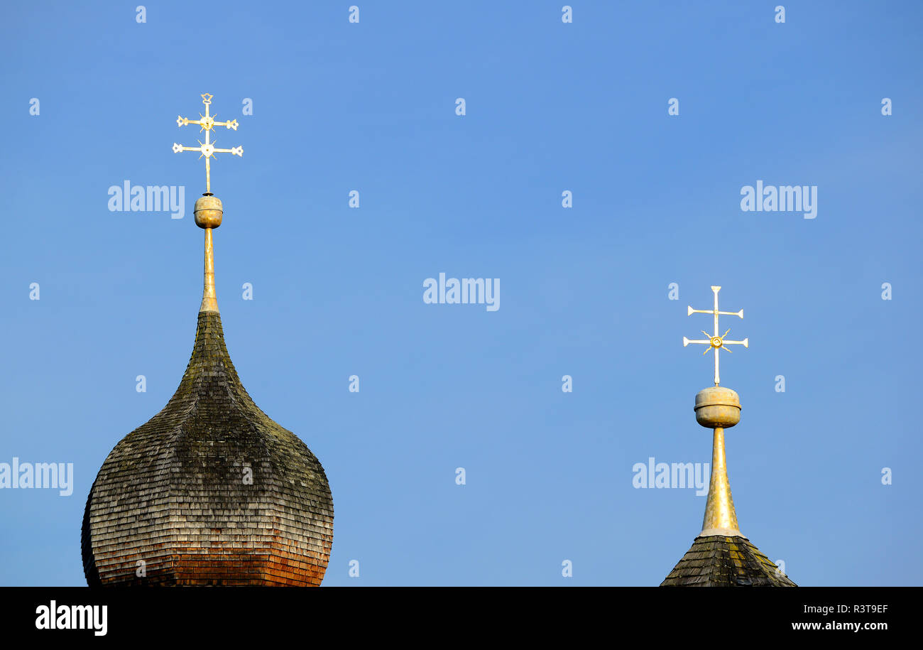 Germany, Bavaria, Geretsried, St Nikolaus chapel, onion spires Stock Photo