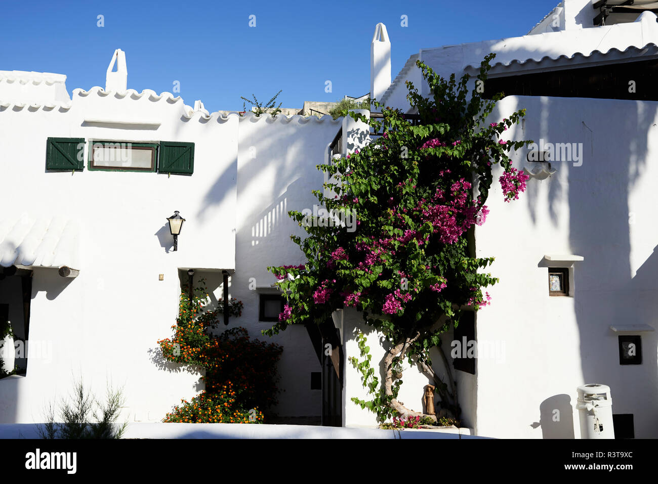 Spain, Menorca, Binibequer, blooming plants at facades Stock Photo