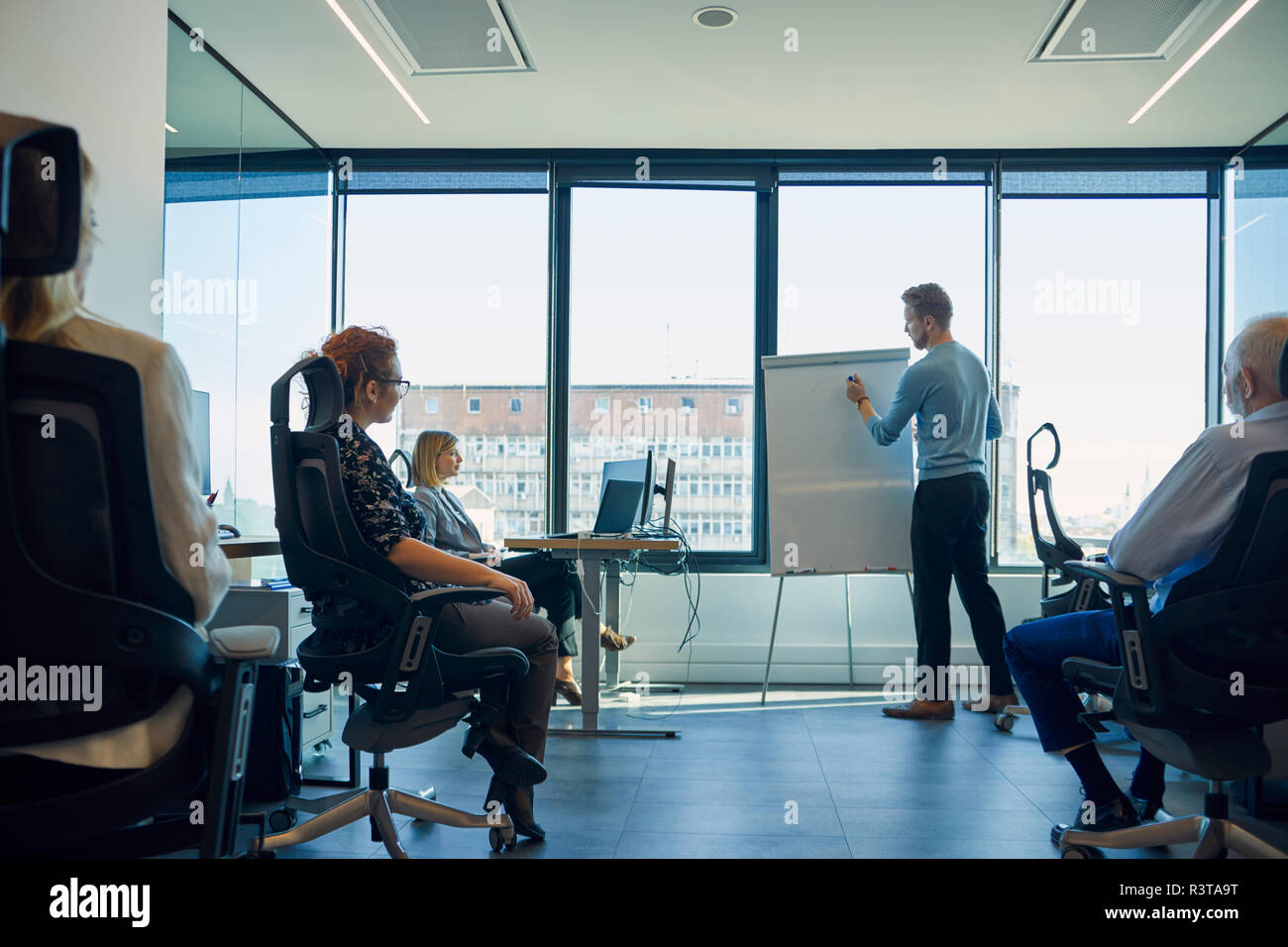 Man leading a presentation at flip chart in office Stock Photo - Alamy