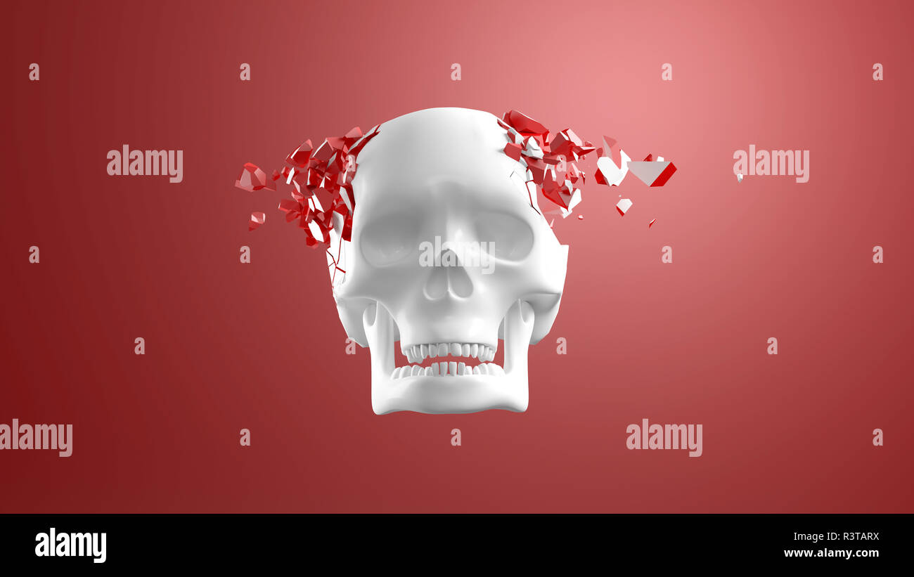 3D Rendering, Skull bursting into pieces in front of red background Stock Photo