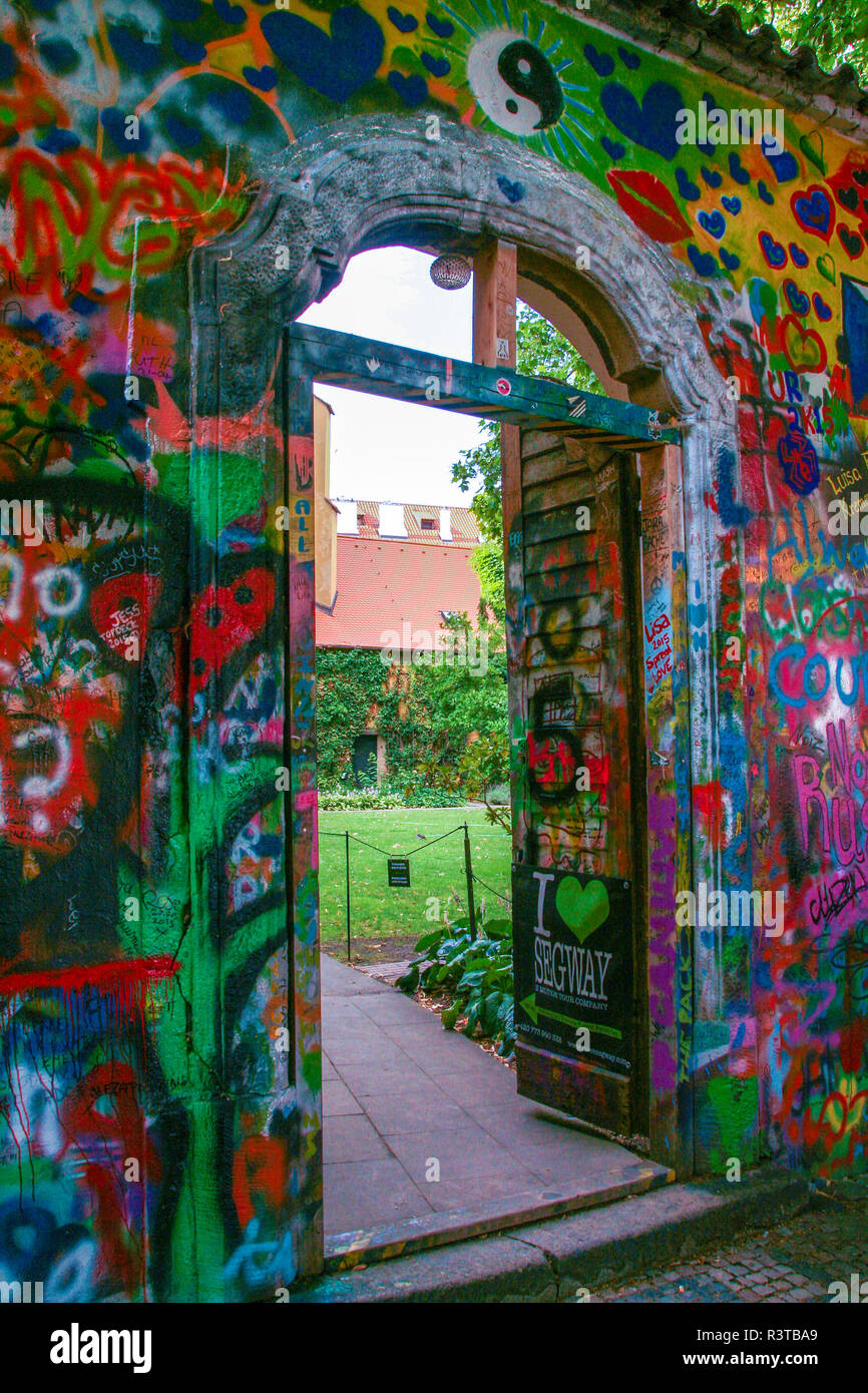 At Prague Czech Republic On 07/25/2015 colored graffiti of so called John Lennon wall in