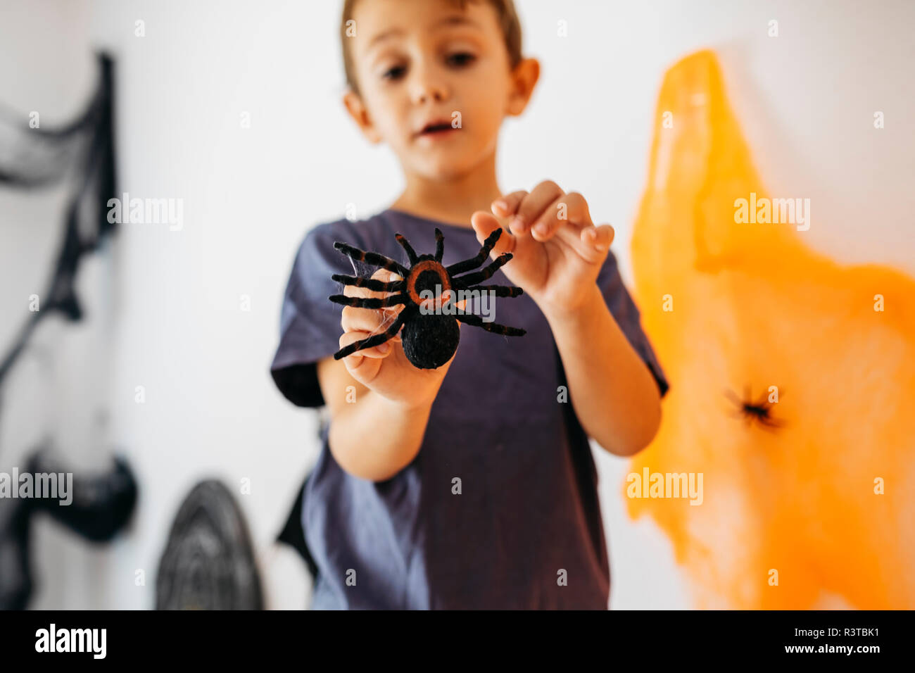 Little boy holding toy spider Stock Photo