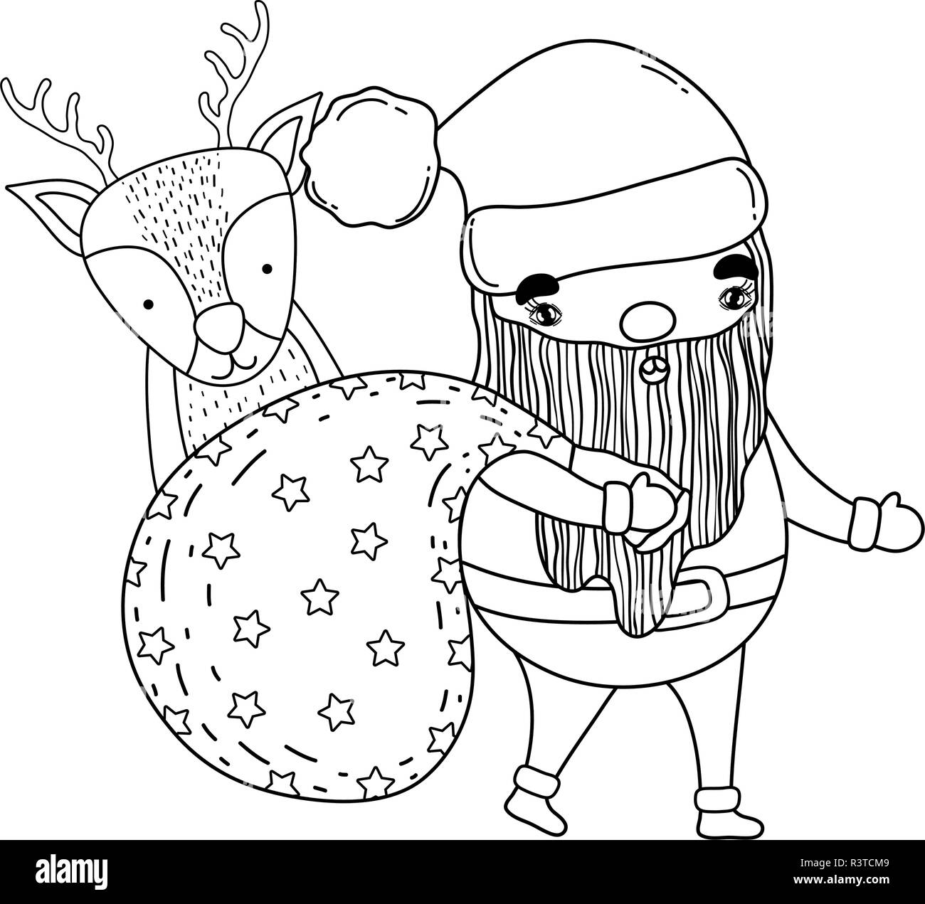 cute christmas santa claus with bag and deer vector illustration design ...