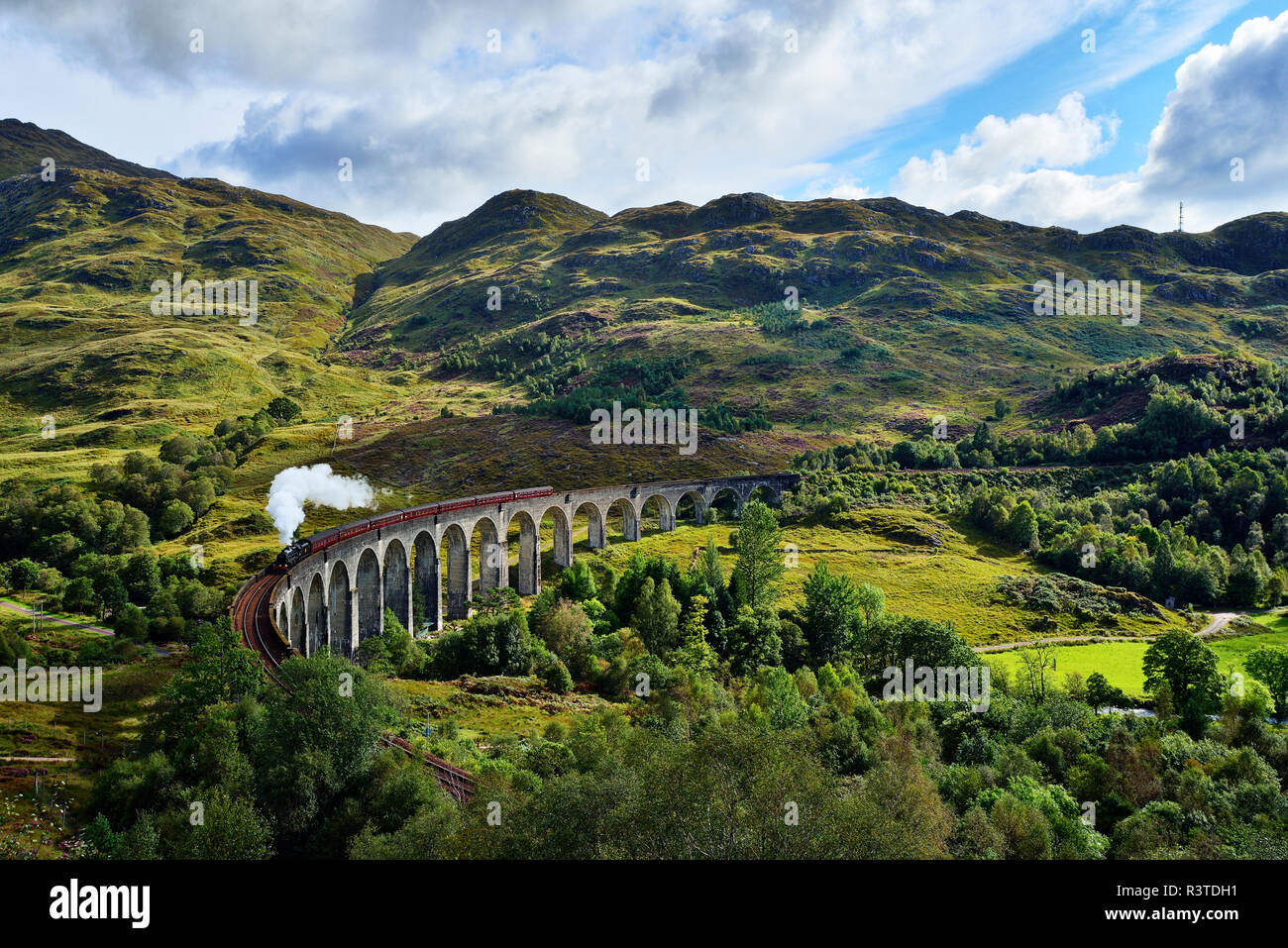 UK, Scotland, Highlands, Glenfinnan viaduct with a steam train passing over it Stock Photo
