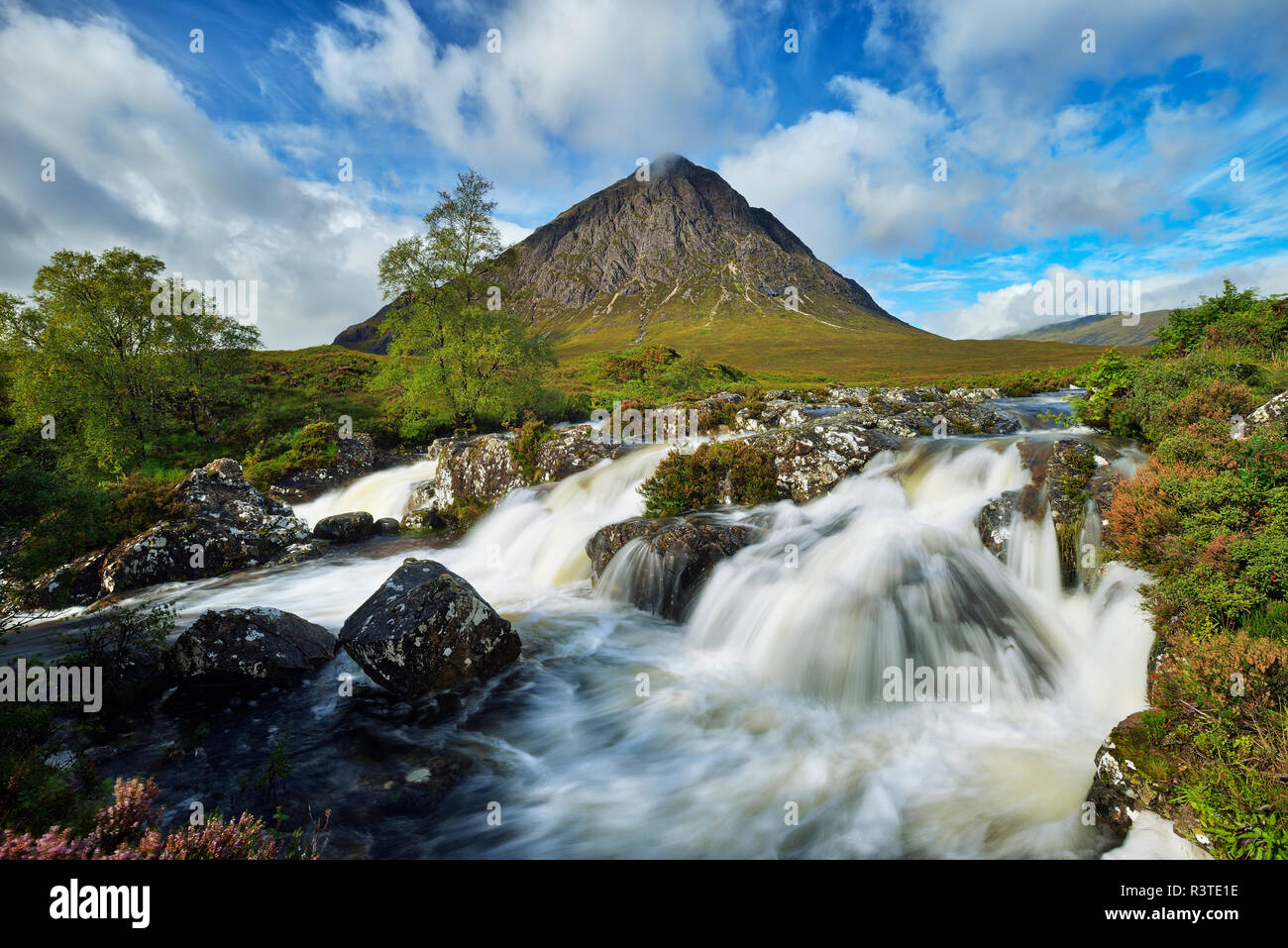 United Kingdom, Scotland, Glencoe, Highlands, Glen Coe, Coupall Falls of River Coupall with mountain Buachaille Etive Mor in background Stock Photo
