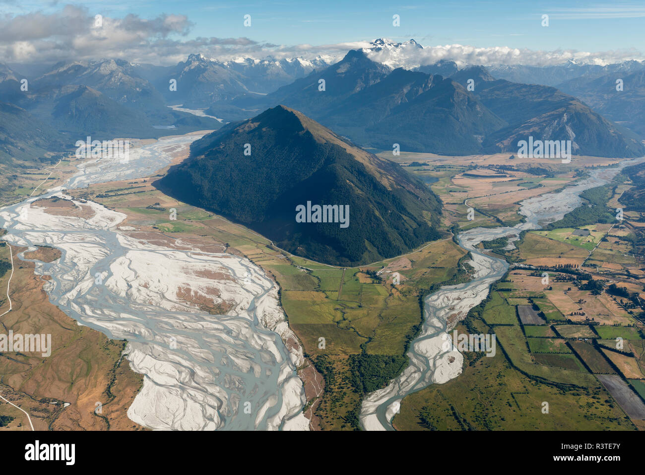 New Zealand, South Island, Otago, Wanaka, Aerial view of Matukituki river Stock Photo